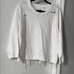 R+A White Distressed Sweatshirt with Crew Neck